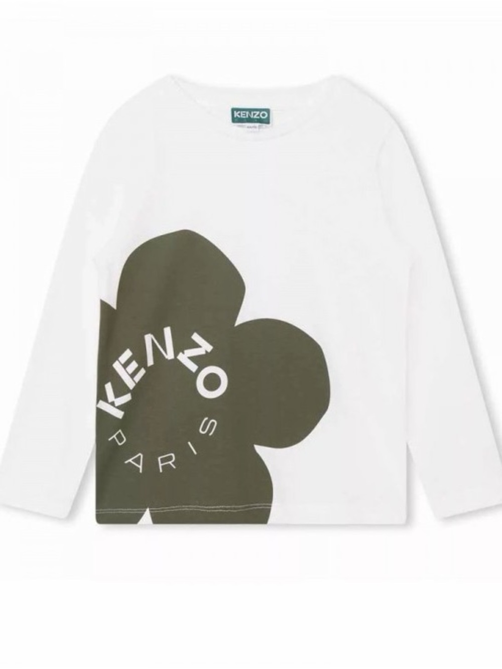 Kenzo White Long-Sleeve Tee with Olive Flower Logo